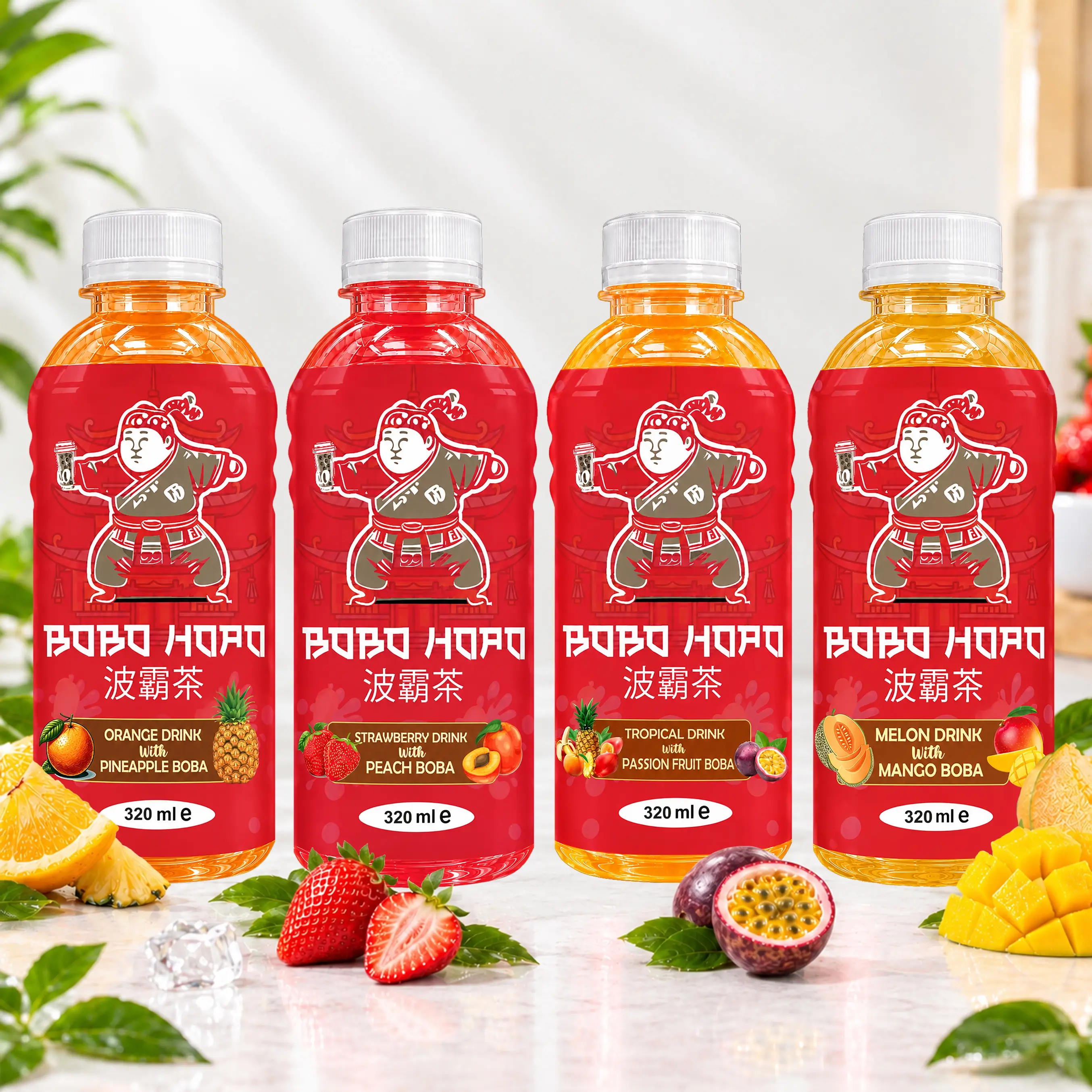 Four BOBO HOPO 320ml PET bubble tea bottles in orange pineapple, strawberry peach, tropical passion fruit, and melon mango flavours with popping boba.